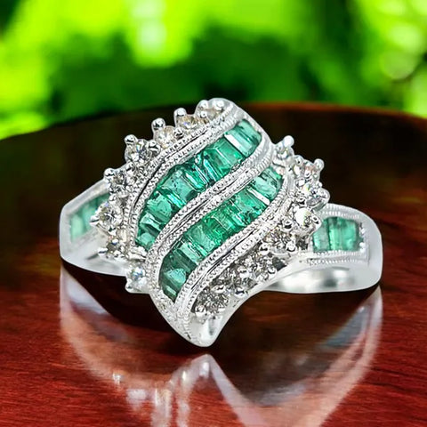 14K White Gold Emerald and Diamond Ring