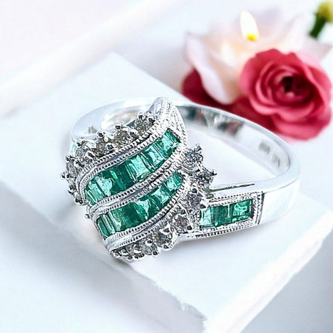 14K White Gold Emerald and Diamond Ring