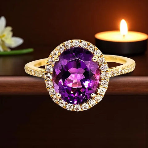 14K Yellow Gold Amethyst and Diamond Ring