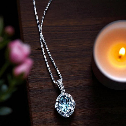 14k White Gold Diamond and Aquamarine Pendant Necklace