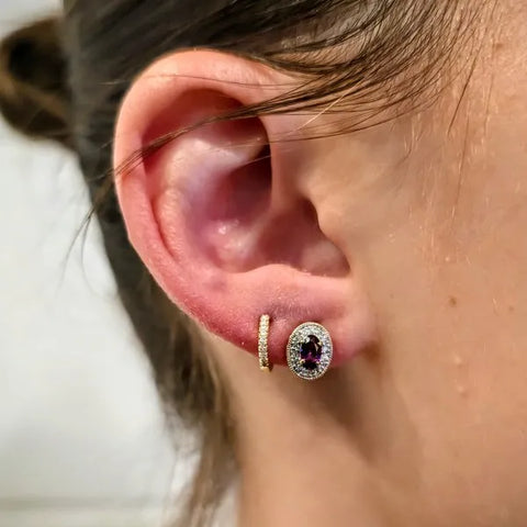 10K Rose Gold Rhodolite Garnet and Diamond Stud Earrings
