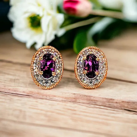 10K Rose Gold Rhodolite Garnet and Diamond Stud Earrings