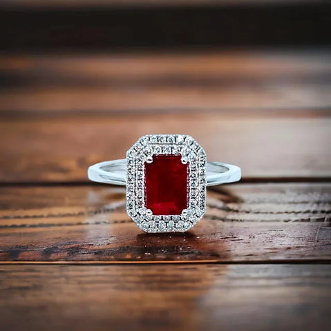 14K White Gold Ruby and Double Diamond Halo Ring