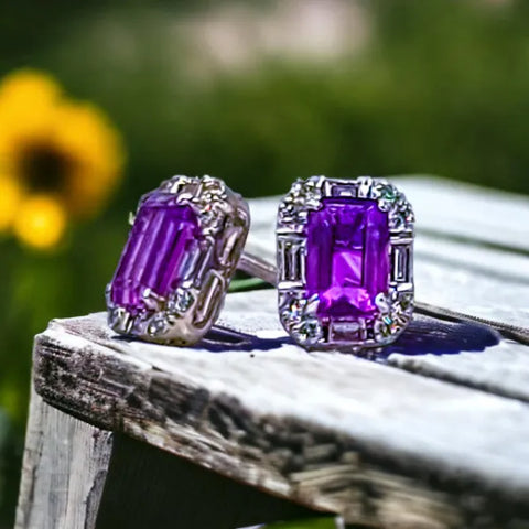 14K White Gold Amethyst and Diamond Halo Earrings