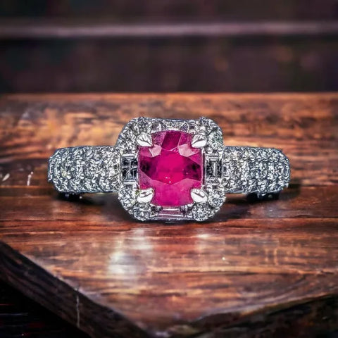 14K White Gold Diamond and Cushion Cut Ruby Ring