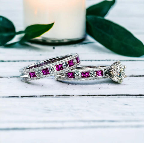 14K White Gold Diamond and Ruby Wedding Set