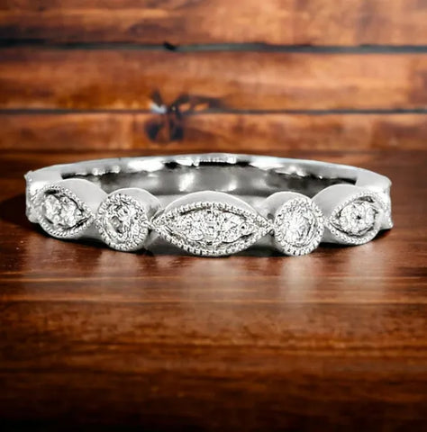14K White Gold Diamond Band with Migrain Edge