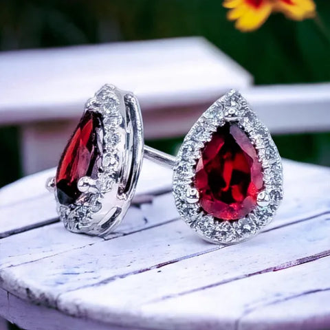 14K White Gold Garnet and Diamond Earrings