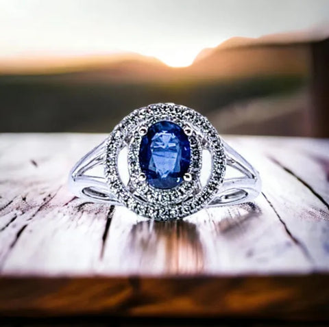 14K White Gold Sapphire and Diamond Double Halo Ring