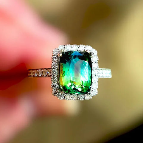 14K White Gold Teal Sapphire Natural Diamond Ring