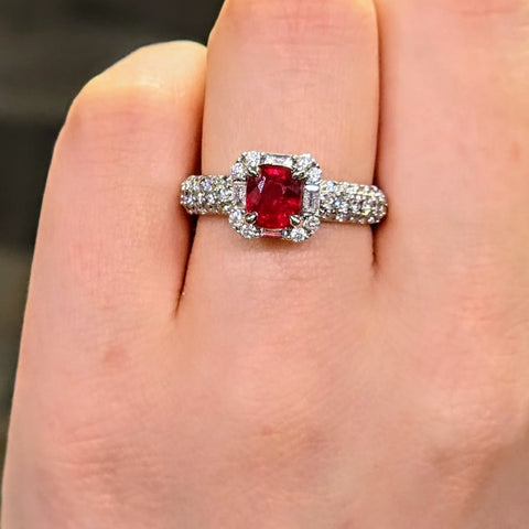 14K White Gold Diamond and Cushion Cut Ruby Ring
