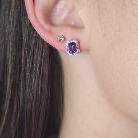 14K White Gold Amethyst and Diamond Halo Earrings