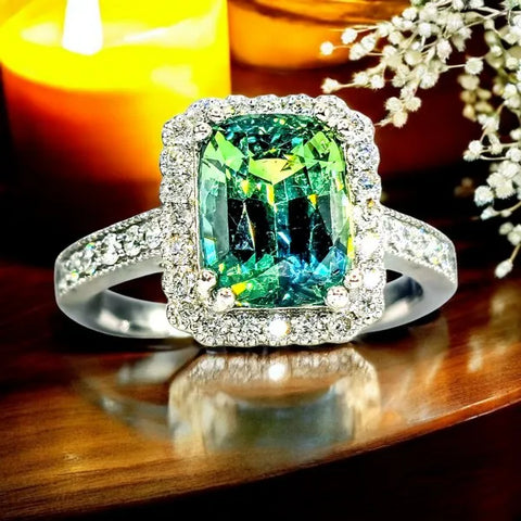 14K White Gold Teal Sapphire Natural Diamond Ring