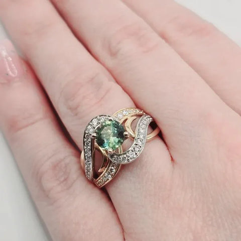 14K Two Tone Teal Sapphire Natural Diamond Ring