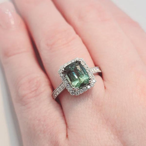 14K White Gold Teal Sapphire Natural Diamond Ring