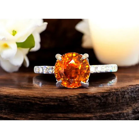 14k White Gold Natural Orange Sapphire and Diamond Hidden Halo Solitaire Ring