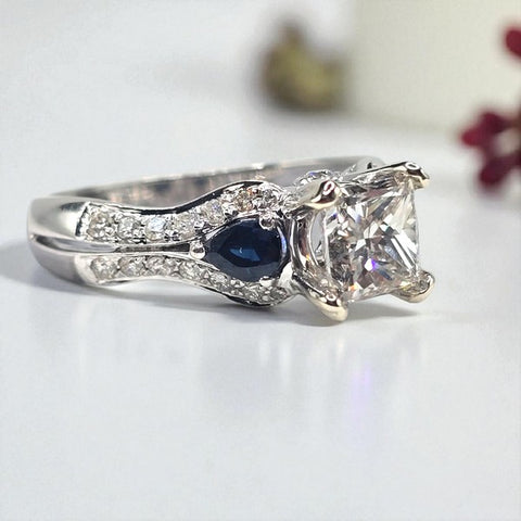 14K White Gold Natural Diamond and Sapphire Wedding Ring