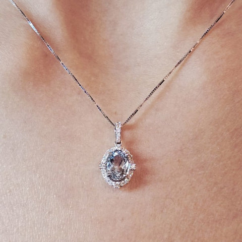 14k White Gold Diamond and Aquamarine Pendant Necklace