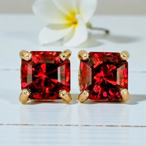 14K Yellow Gold Natural Princess Cut Spessartite Garnet Earrings