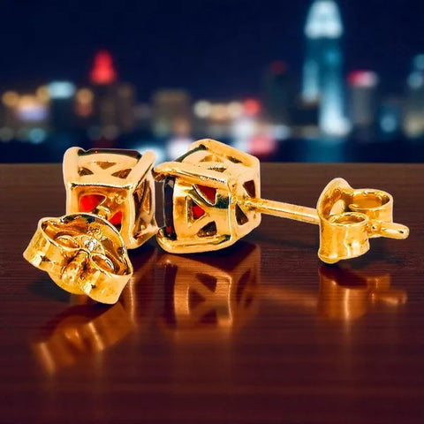 14K Yellow Gold Natural Princess Cut Spessartite Garnet Earrings