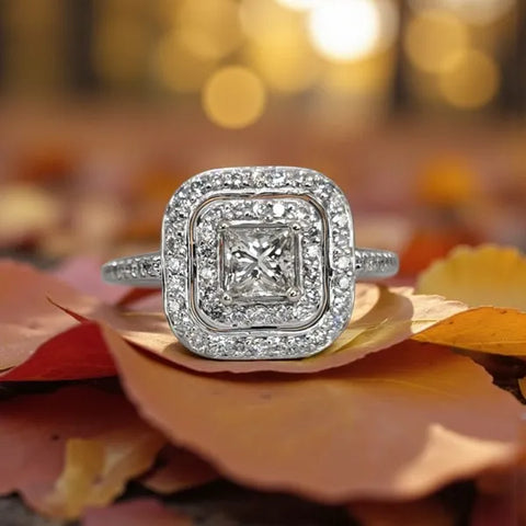 Ladies 14kt White Gold Vintage Repurposed Natural Diamond Double Halo Ring