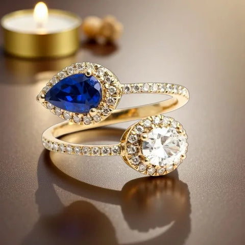 Ladies 18K Gold natural Blue Sapphire and Diamond Bypass Moi et Toi Ring