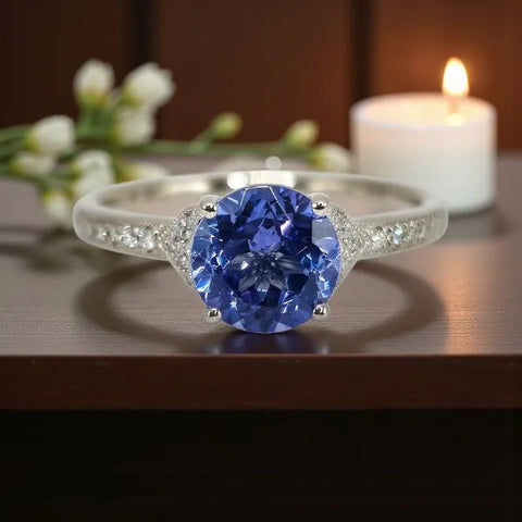 14K White Gold Tanzanite and Natural Diamond Ring