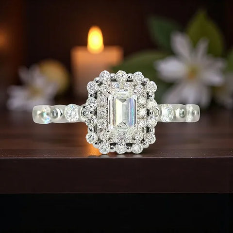 14K White Gold Natural Diamond Double Halo Ring with Emerald Cut Center Stone