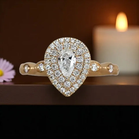 14K Yellow Gold Natural Diamond Pear Shaped Double Halo Ring