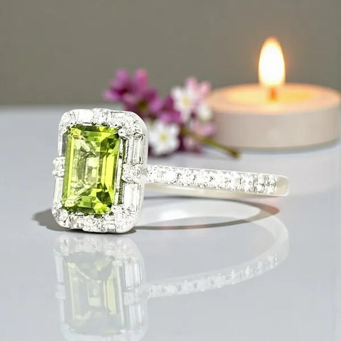 Ladies 14k White Gold Peridot and Natural Diamond Halo With Baguette and Round Diamonds