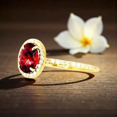 Ladies 14k Yellow Gold Garnet & Natural Diamond Ring With Hidden Diamond Accents