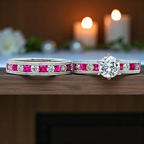 14K White Gold Diamond and Ruby Wedding Set