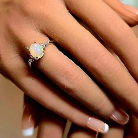 18K Yellow Gold Natural Opal and Diamond Ring