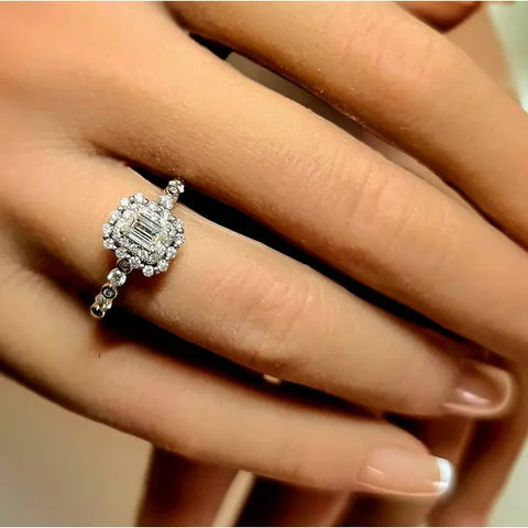 14K White Gold Natural Diamond Double Halo Ring with Emerald Cut Center Stone