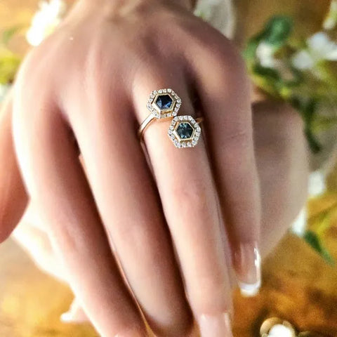 14K Gold Montana Teal Hexagon Sapphire Toi Et Moi Halo Ring