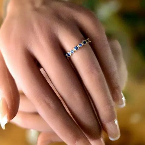 14K Yellow Gold Hexagon Blue Sapphire Band