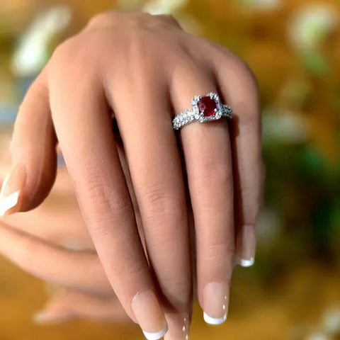 14K White Gold Diamond and Cushion Cut Ruby Ring