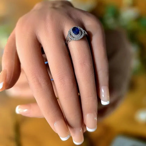 14K White Gold Sapphire and Diamond Double Halo Ring