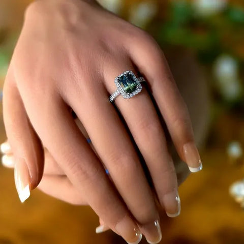 14K White Gold Teal Sapphire Natural Diamond Ring