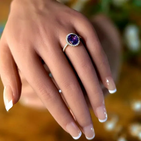 14K Yellow Gold Amethyst and Diamond Ring