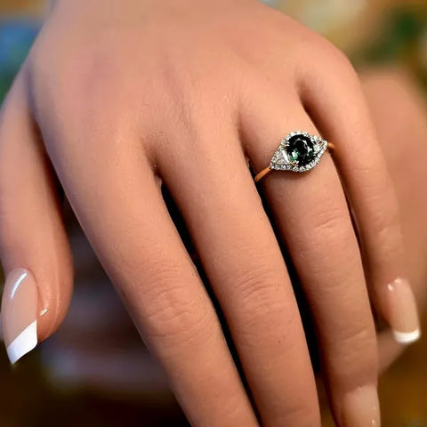 14K Yellow-Gold Tsavorite Garnet and Trillon Diamond Ring