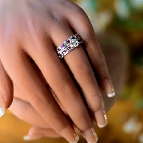 14K White Gold Diamond and Ruby Wedding Set