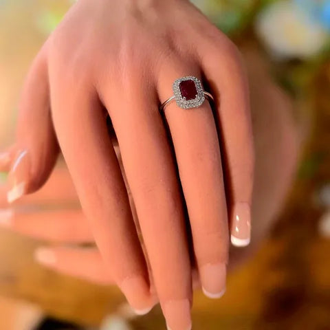 14K White Gold Ruby and Double Diamond Halo Ring