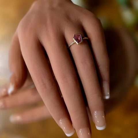 14K Yellow Gold Pink Sapphire Hammered Ring