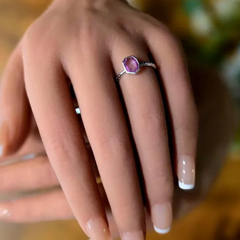 14k White Gold Hammered Pink Sapphire ring