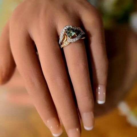 14K Two Tone Teal Sapphire Natural Diamond Ring