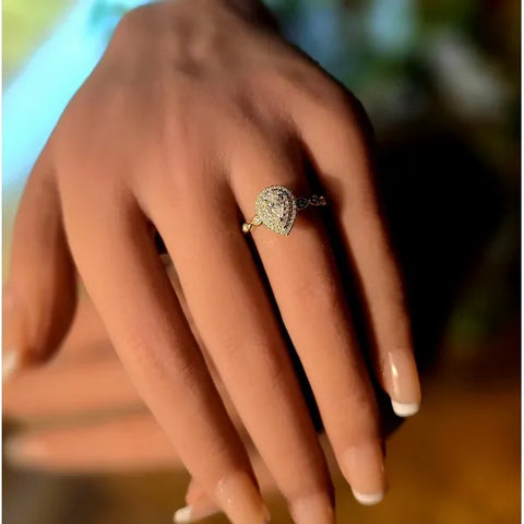 14K Yellow Gold Natural Diamond Pear Shaped Double Halo Ring