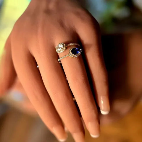 Ladies 18K Gold natural Blue Sapphire and Diamond Bypass Moi et Toi Ring