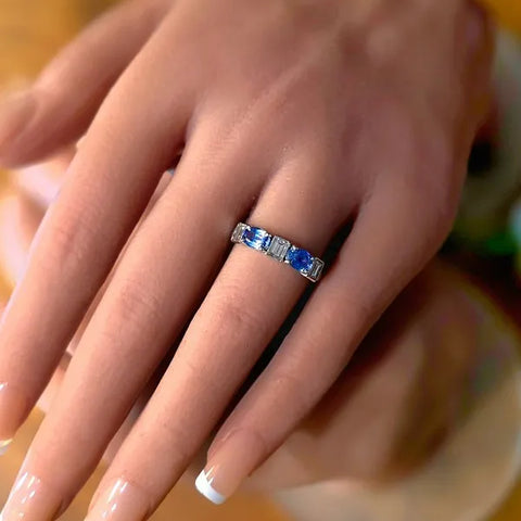 Ladies 18k White Gold Natural Diamond and Cornflower Blue Sapphire Band