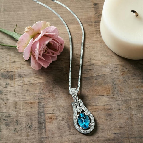 14K White Gold Diamond and London Blue Topaz Necklace